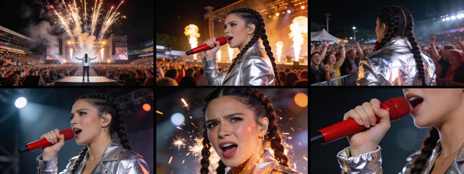 A generated 2×3 storyboard sheet showing six distinct camera setups of a festival performance with one consistent singer