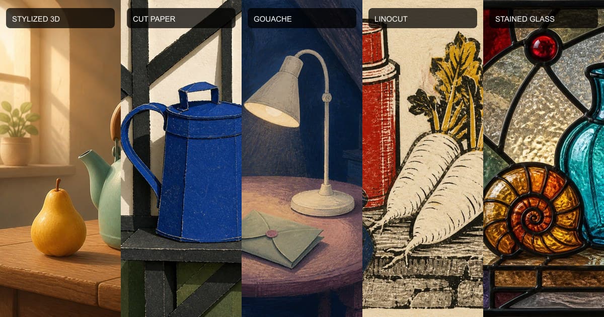 Five original target plates showing stylized 3D, cut-paper, gouache, linocut, and stained-glass visual styles