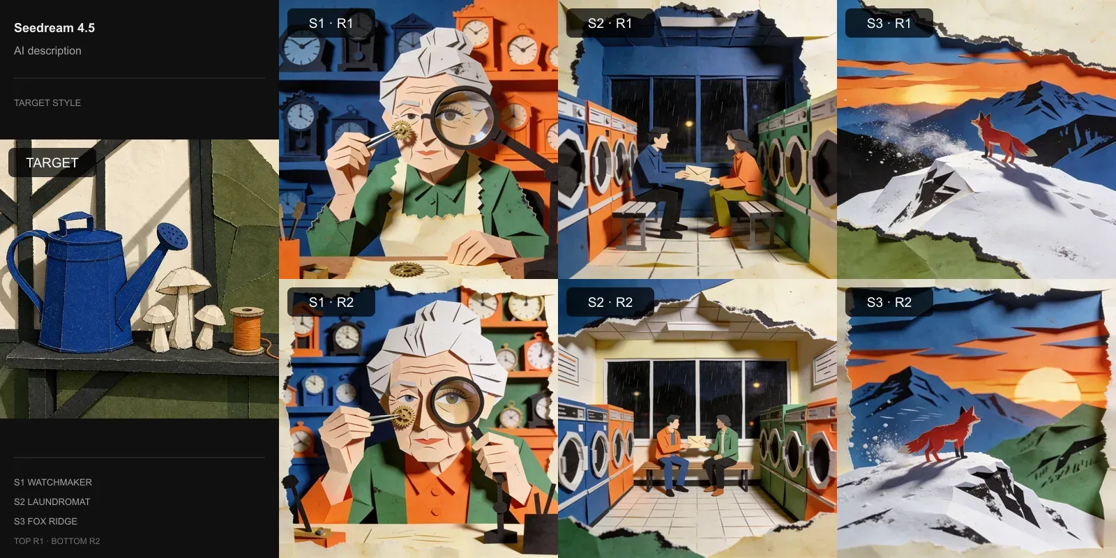 Seedream 4.5 results for AI-written style description on Target 2 · Cut-paper collage: the target at left and two repeats each of the watchmaker, laundromat, and fox scenes.