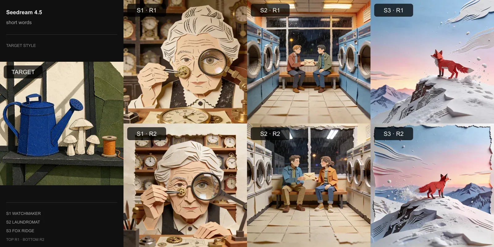Seedream 4.5 results for Short style words on Target 2 · Cut-paper collage: the target at left and two repeats each of the watchmaker, laundromat, and fox scenes.