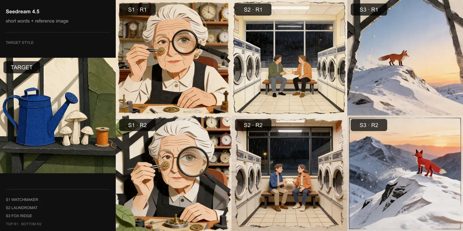 Seedream 4.5 results for Short words + reference image on Target 2 · Cut-paper collage: the target at left and two repeats each of the watchmaker, laundromat, and fox scenes.