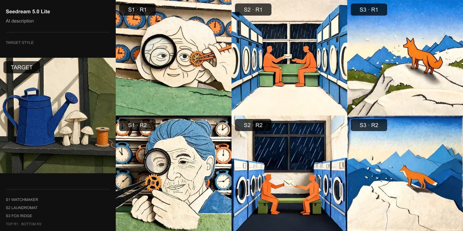 Seedream 5.0 Lite results for AI-written style description on Target 2 · Cut-paper collage: the target at left and two repeats each of the watchmaker, laundromat, and fox scenes.