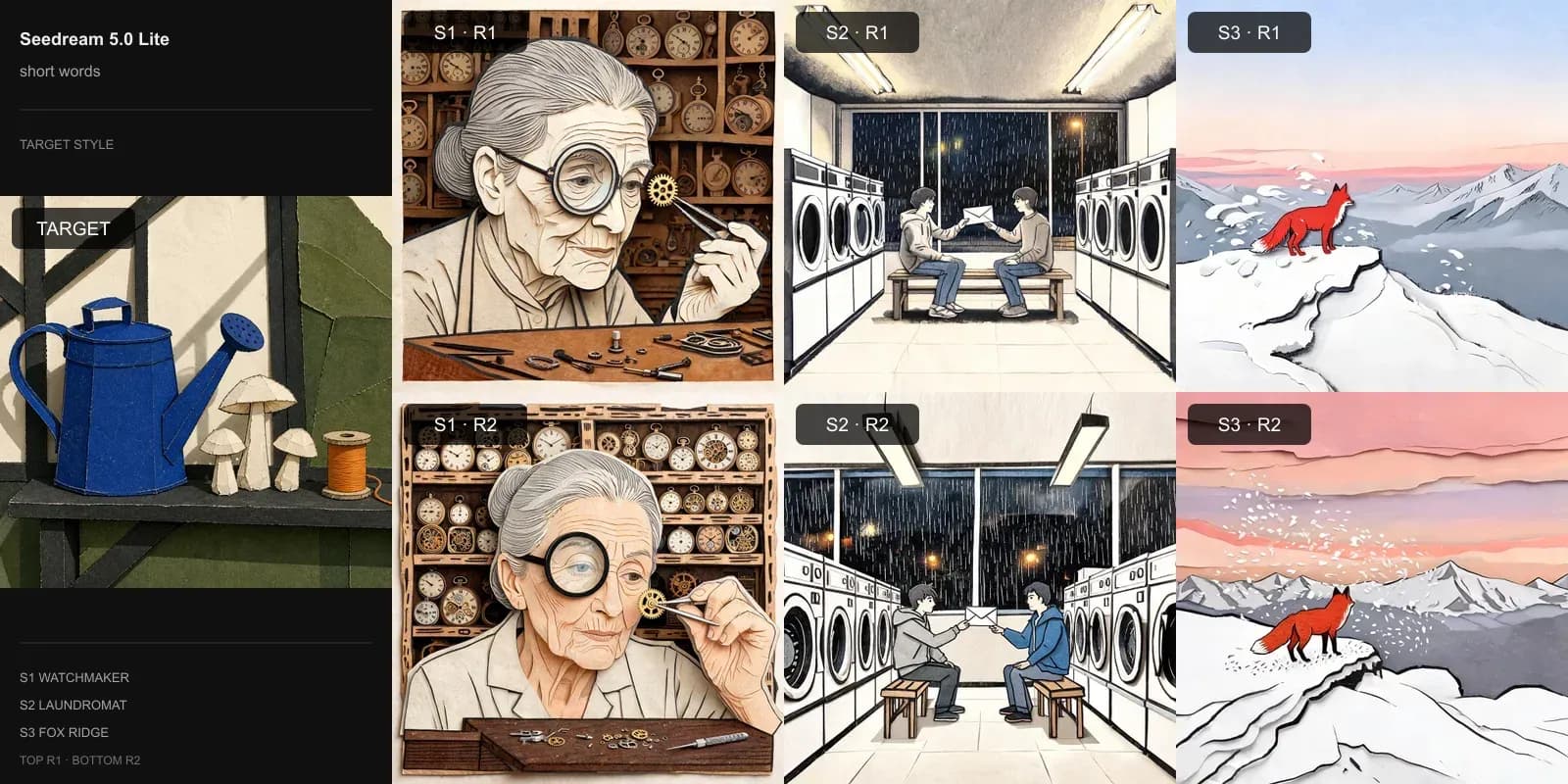 Seedream 5.0 Lite results for Short style words on Target 2 · Cut-paper collage: the target at left and two repeats each of the watchmaker, laundromat, and fox scenes.