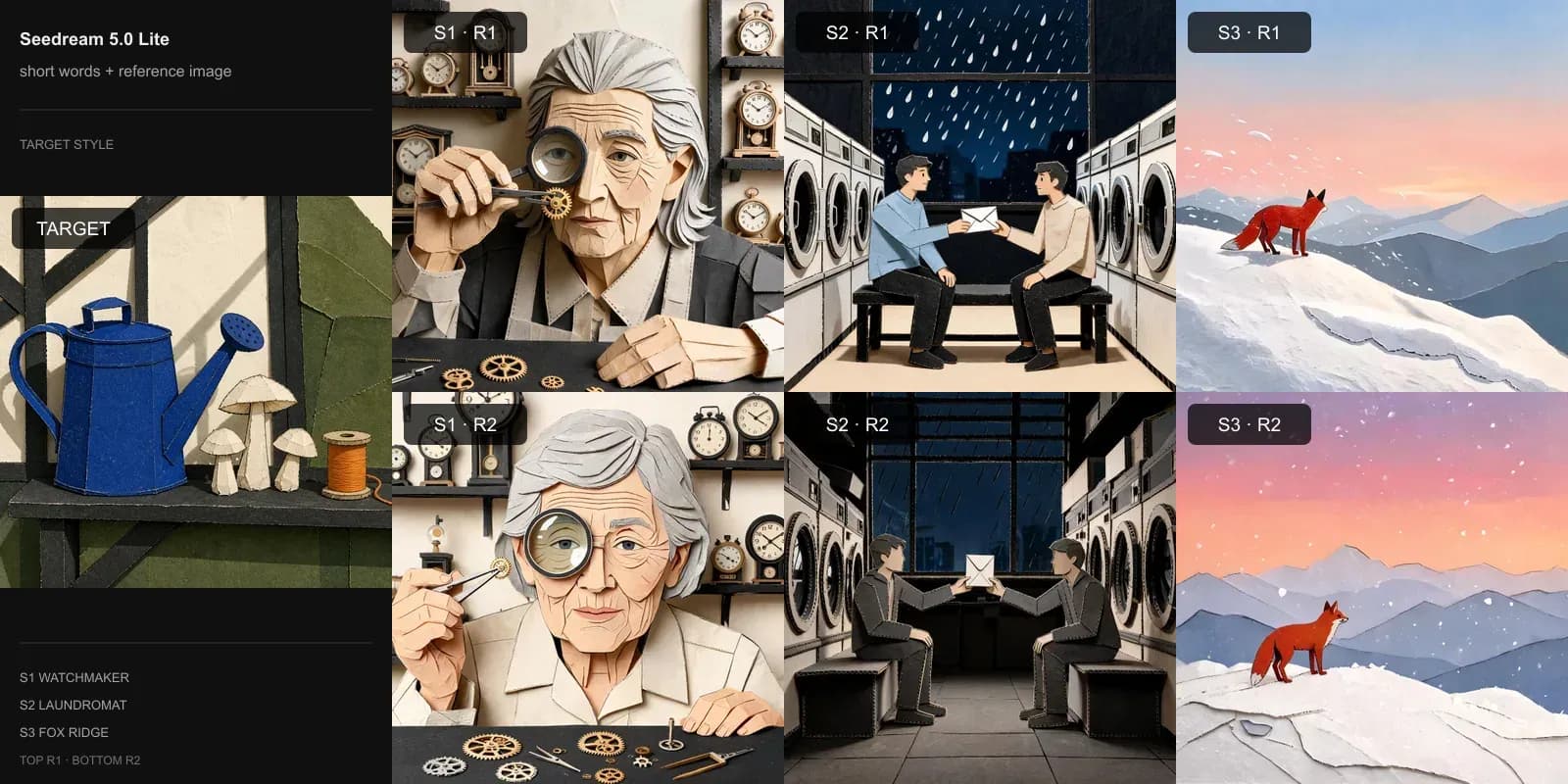 Seedream 5.0 Lite results for Short words + reference image on Target 2 · Cut-paper collage: the target at left and two repeats each of the watchmaker, laundromat, and fox scenes.