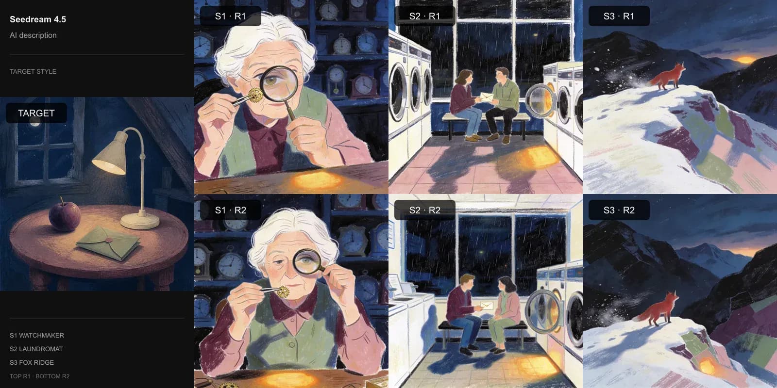 Seedream 4.5 results for AI-written style description on Target 3 · Gouache storybook: the target at left and two repeats each of the watchmaker, laundromat, and fox scenes.