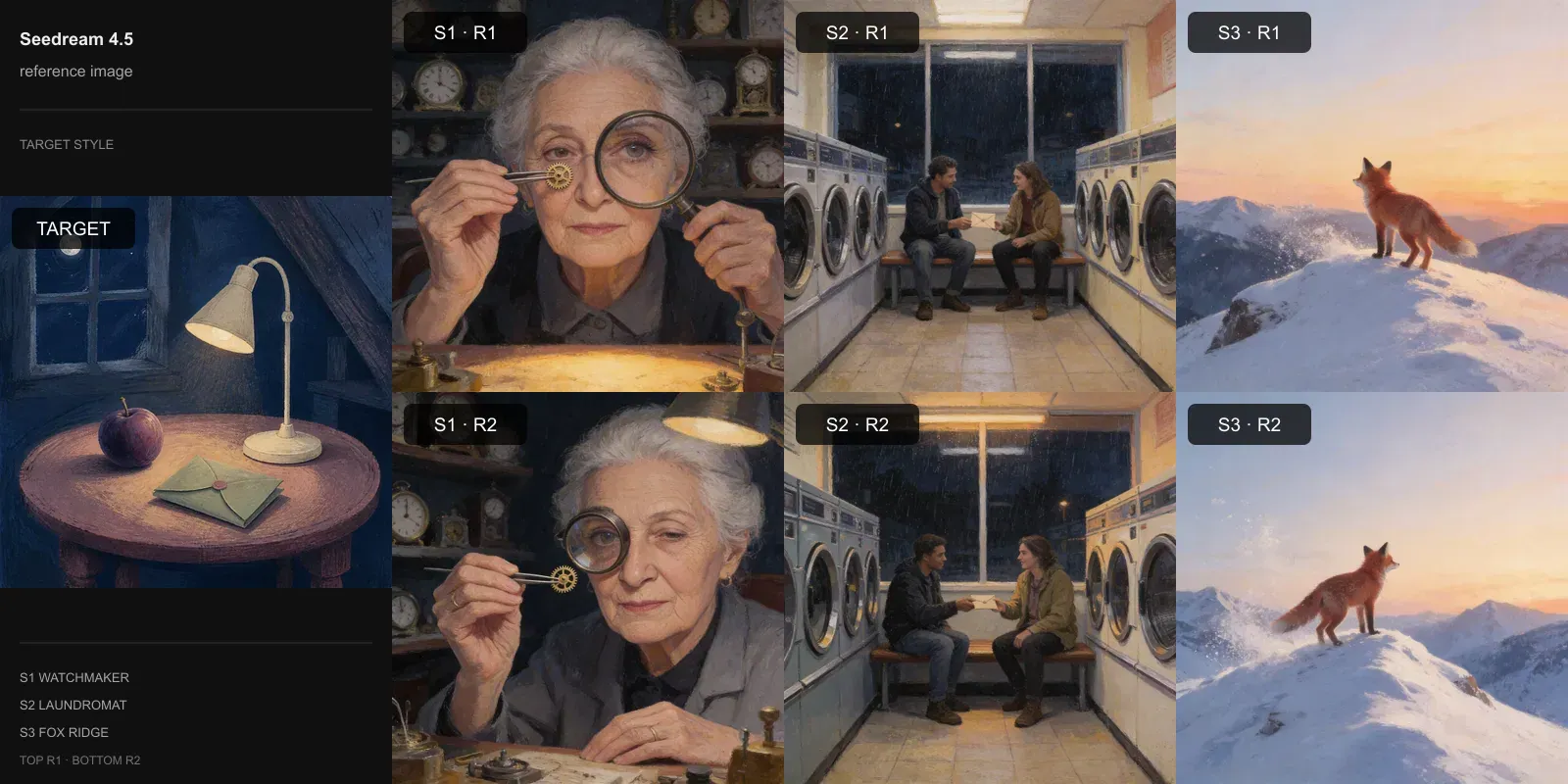 Seedream 4.5 results for Reference image only on Target 3 · Gouache storybook: the target at left and two repeats each of the watchmaker, laundromat, and fox scenes.