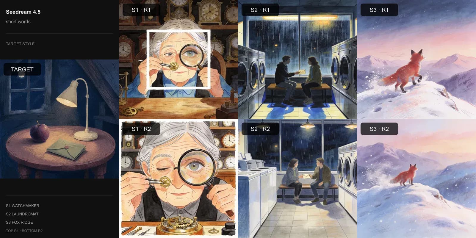 Seedream 4.5 results for Short style words on Target 3 · Gouache storybook: the target at left and two repeats each of the watchmaker, laundromat, and fox scenes.