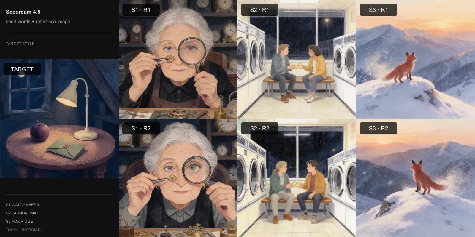 Seedream 4.5 results for Short words + reference image on Target 3 · Gouache storybook: the target at left and two repeats each of the watchmaker, laundromat, and fox scenes.