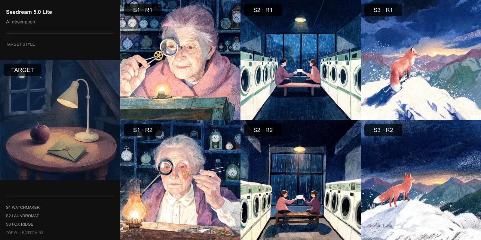 Seedream 5.0 Lite results for AI-written style description on Target 3 · Gouache storybook: the target at left and two repeats each of the watchmaker, laundromat, and fox scenes.