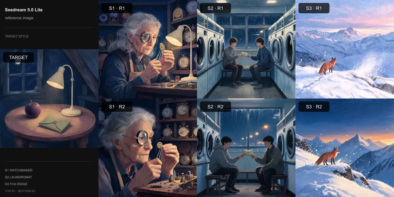 Seedream 5.0 Lite results for Reference image only on Target 3 · Gouache storybook: the target at left and two repeats each of the watchmaker, laundromat, and fox scenes.