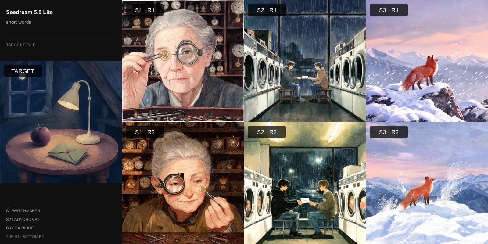 Seedream 5.0 Lite results for Short style words on Target 3 · Gouache storybook: the target at left and two repeats each of the watchmaker, laundromat, and fox scenes.