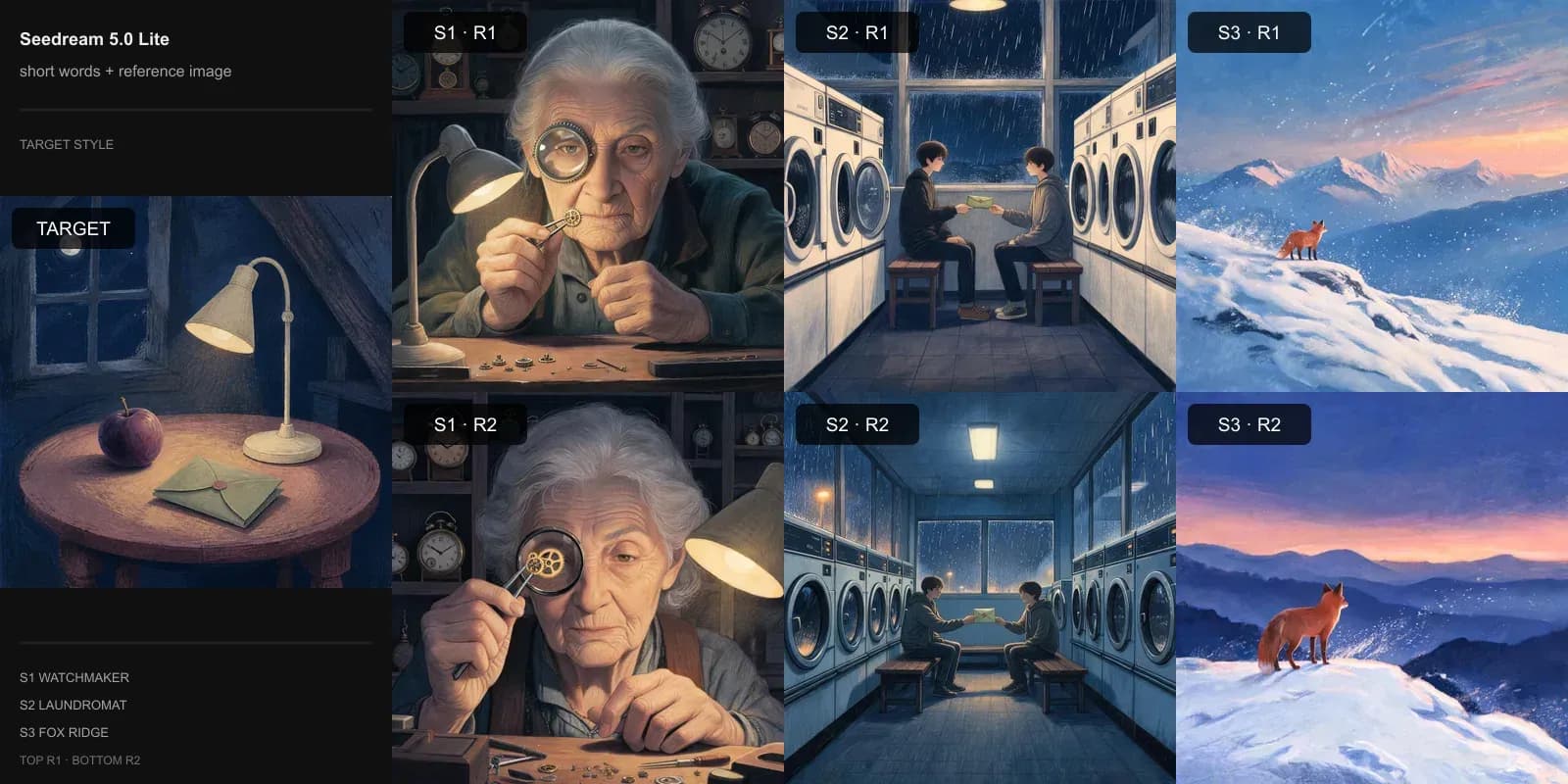 Seedream 5.0 Lite results for Short words + reference image on Target 3 · Gouache storybook: the target at left and two repeats each of the watchmaker, laundromat, and fox scenes.
