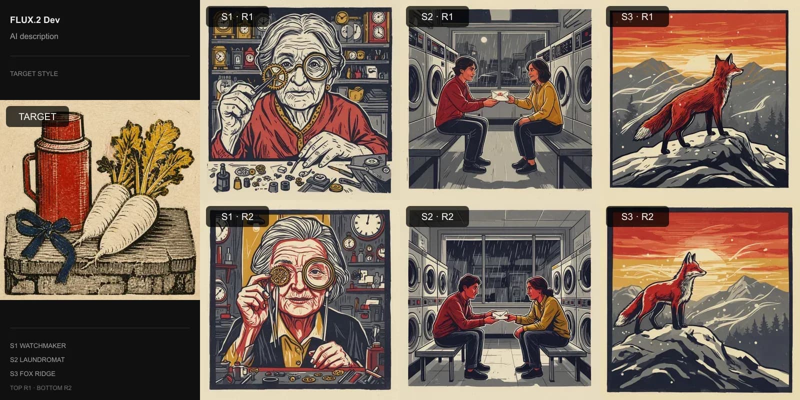 FLUX.2 Dev results for AI-written style description on Target 4 · Multi-block linocut: the target at left and two repeats each of the watchmaker, laundromat, and fox scenes.
