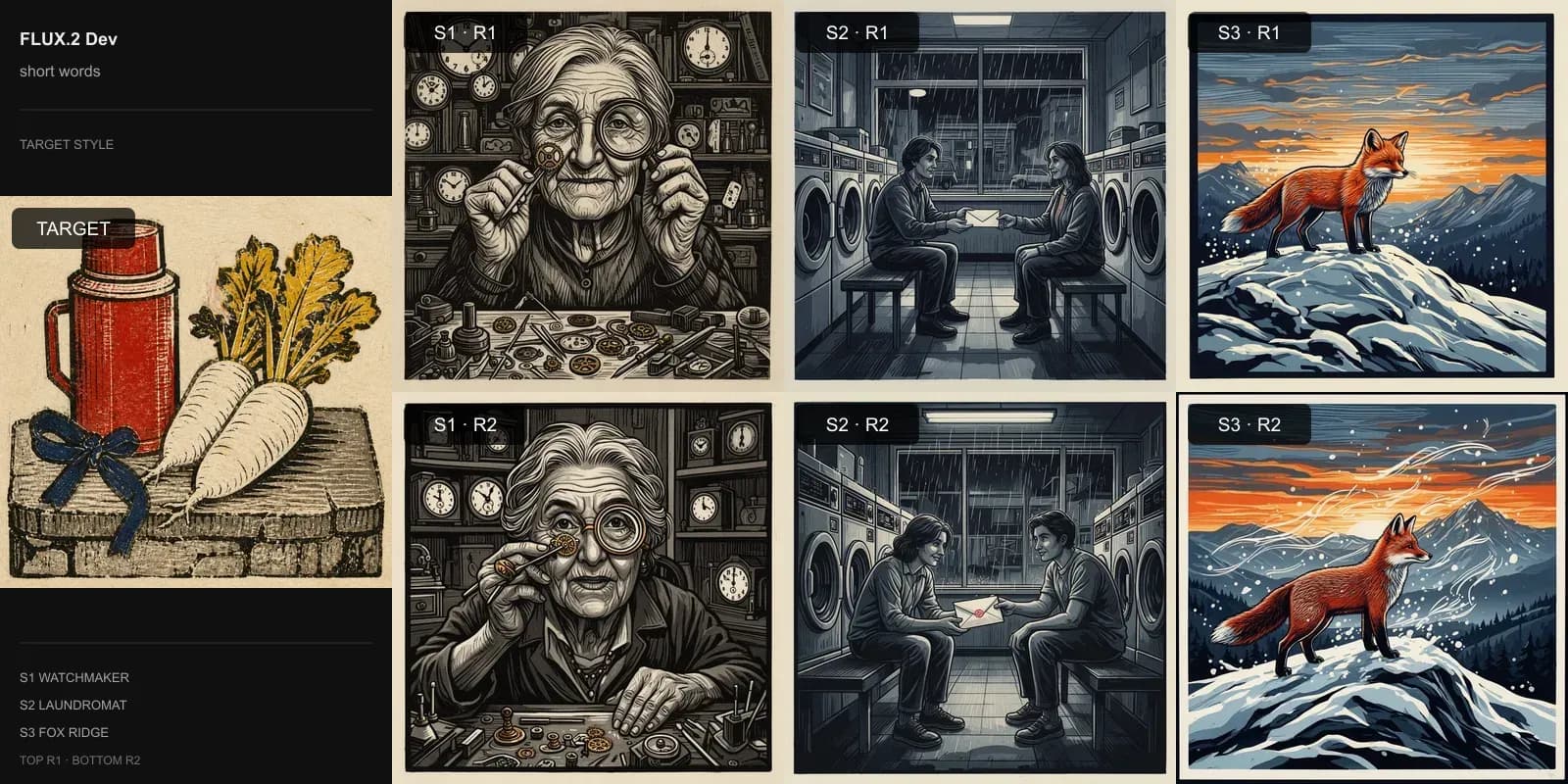 FLUX.2 Dev results for Short style words on Target 4 · Multi-block linocut: the target at left and two repeats each of the watchmaker, laundromat, and fox scenes.