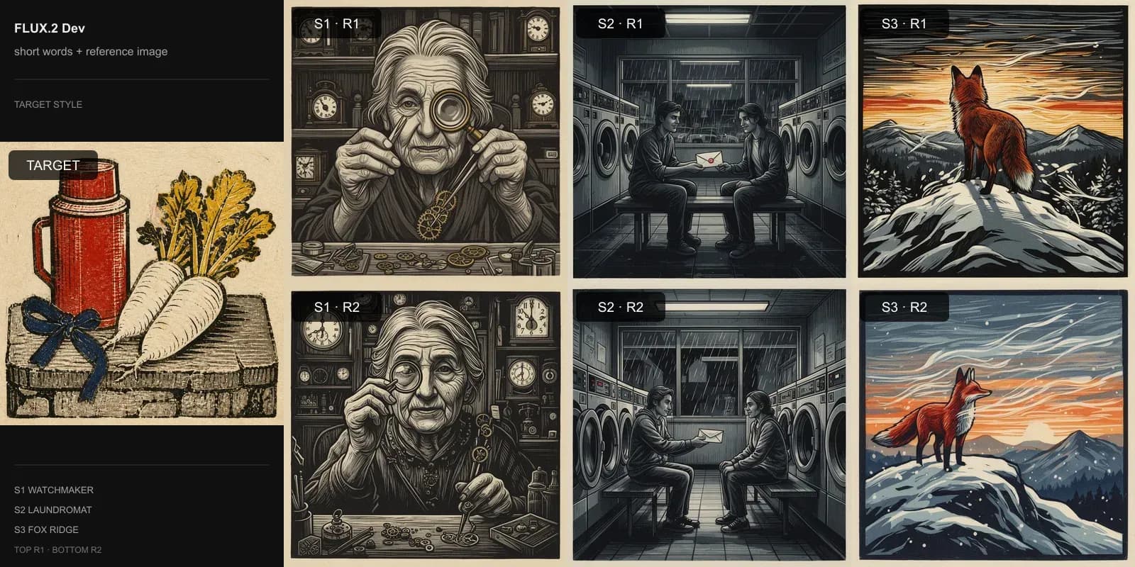 FLUX.2 Dev results for Short words + reference image on Target 4 · Multi-block linocut: the target at left and two repeats each of the watchmaker, laundromat, and fox scenes.