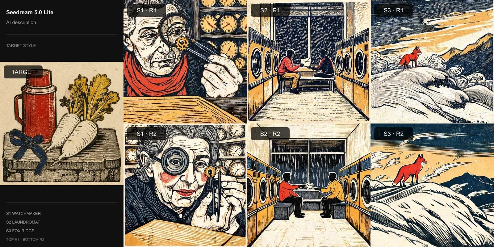 Seedream 5.0 Lite results for AI-written style description on Target 4 · Multi-block linocut: the target at left and two repeats each of the watchmaker, laundromat, and fox scenes.