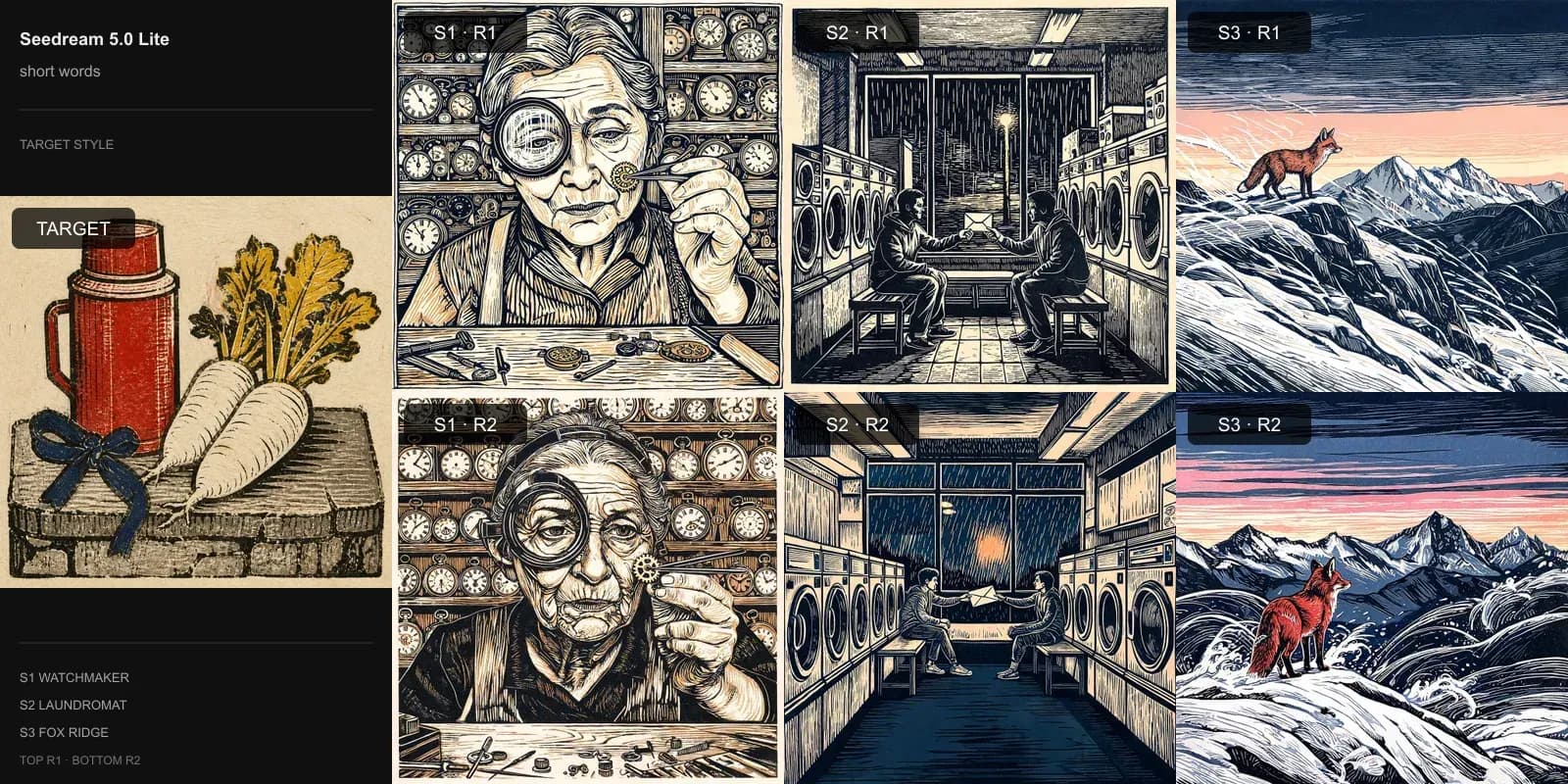 Seedream 5.0 Lite results for Short style words on Target 4 · Multi-block linocut: the target at left and two repeats each of the watchmaker, laundromat, and fox scenes.