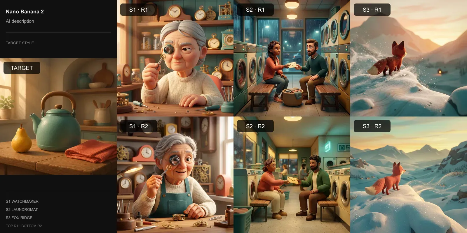 Nano Banana 2 results for AI-written style description on the stylized 3D target: the target at left and two repeats each of the watchmaker, laundromat, and fox scenes.
