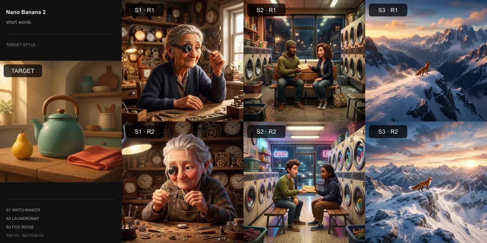 Nano Banana 2 results for Short style words on the stylized 3D target: the target at left and two repeats each of the watchmaker, laundromat, and fox scenes.