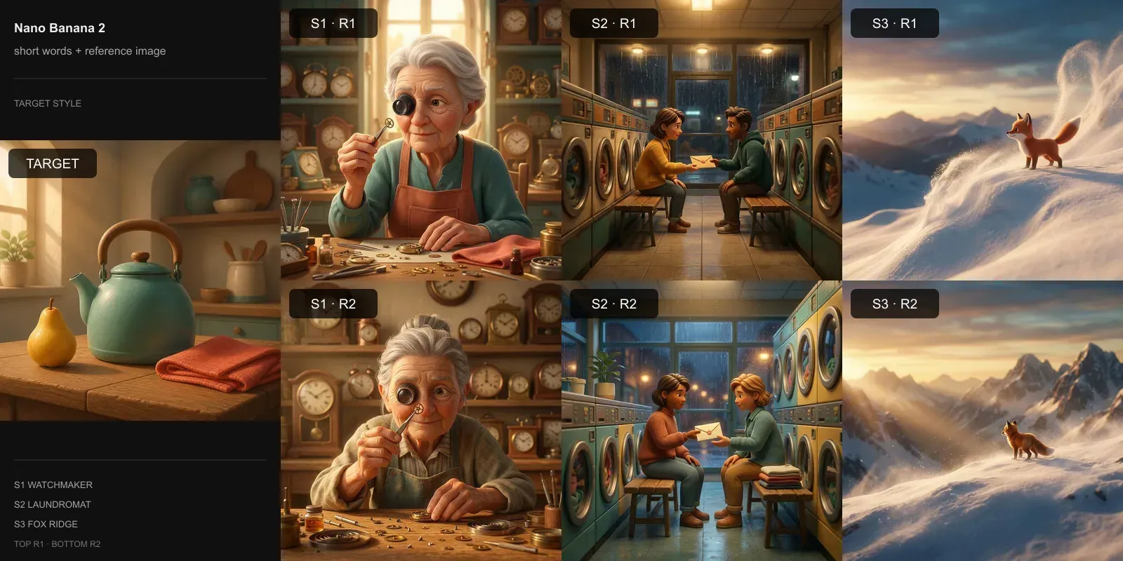 Nano Banana 2 results for Short words + reference image on the stylized 3D target: the target at left and two repeats each of the watchmaker, laundromat, and fox scenes.