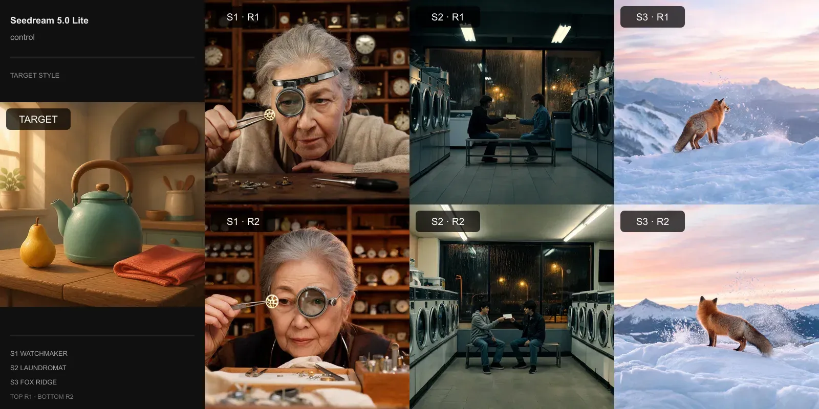 Seedream 5.0 Lite results for No style direction on the stylized 3D target: the target at left and two repeats each of the watchmaker, laundromat, and fox scenes.