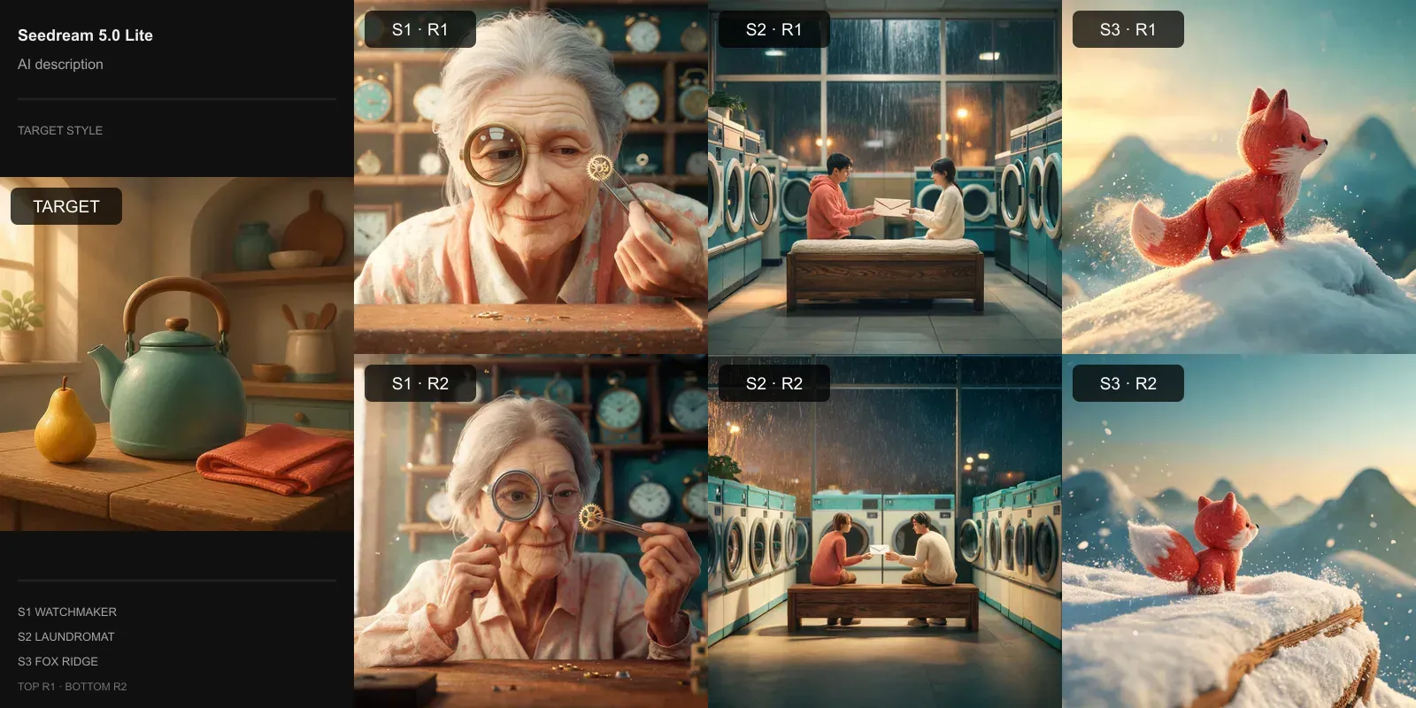 Seedream 5.0 Lite results for AI-written style description on the stylized 3D target: the target at left and two repeats each of the watchmaker, laundromat, and fox scenes.