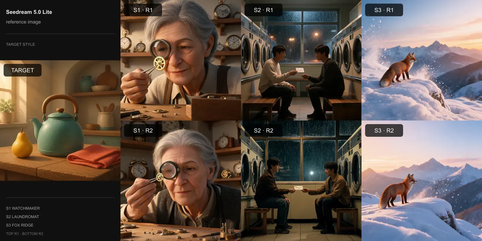 Seedream 5.0 Lite results for Reference image only on the stylized 3D target: the target at left and two repeats each of the watchmaker, laundromat, and fox scenes.