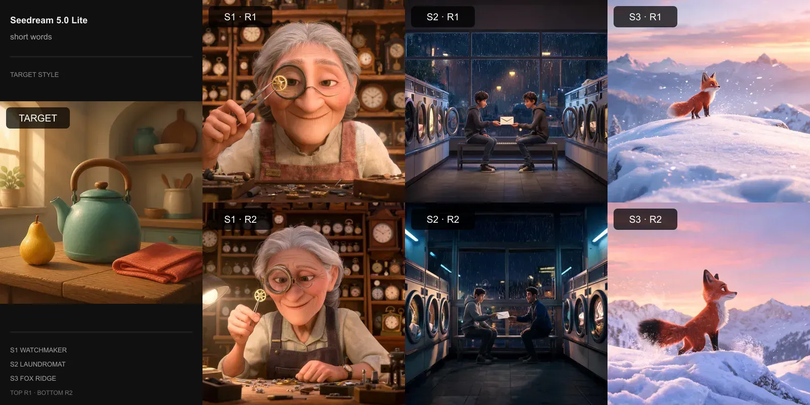 Seedream 5.0 Lite results for Short style words on the stylized 3D target: the target at left and two repeats each of the watchmaker, laundromat, and fox scenes.