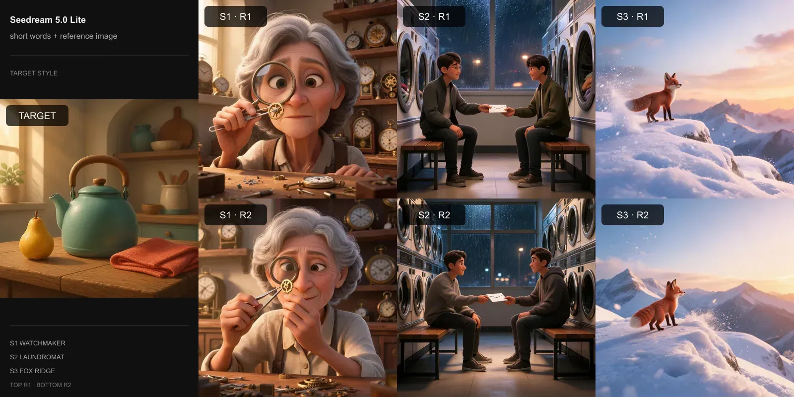 Seedream 5.0 Lite results for Short words + reference image on the stylized 3D target: the target at left and two repeats each of the watchmaker, laundromat, and fox scenes.