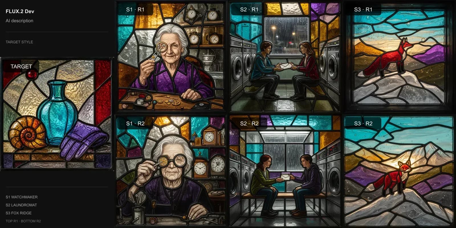 FLUX.2 Dev results for AI-written style description on Target 5 · Leaded stained glass: the target at left and two repeats each of the watchmaker, laundromat, and fox scenes.
