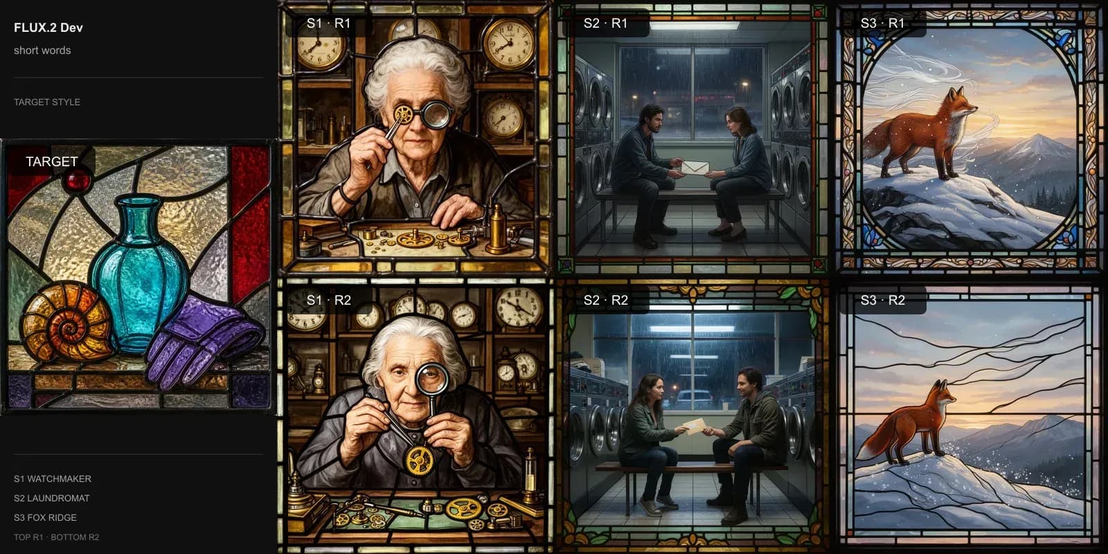 FLUX.2 Dev results for Short style words on Target 5 · Leaded stained glass: the target at left and two repeats each of the watchmaker, laundromat, and fox scenes.