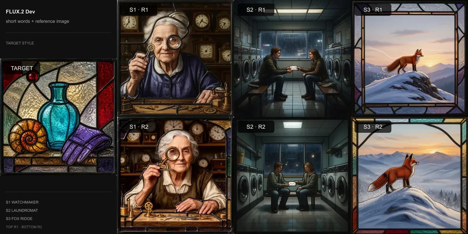 FLUX.2 Dev results for Short words + reference image on Target 5 · Leaded stained glass: the target at left and two repeats each of the watchmaker, laundromat, and fox scenes.
