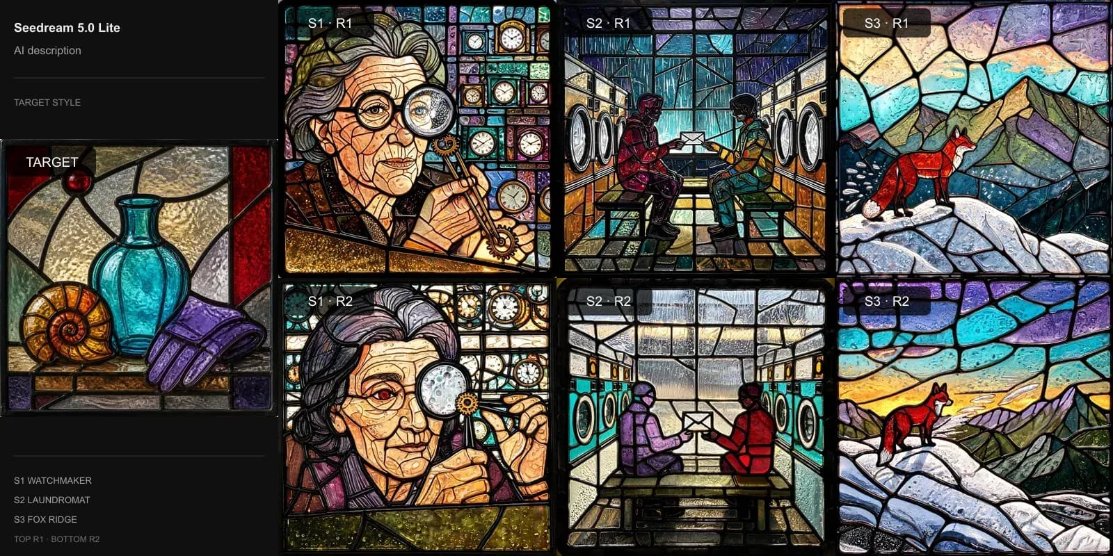 Seedream 5.0 Lite results for AI-written style description on Target 5 · Leaded stained glass: the target at left and two repeats each of the watchmaker, laundromat, and fox scenes.