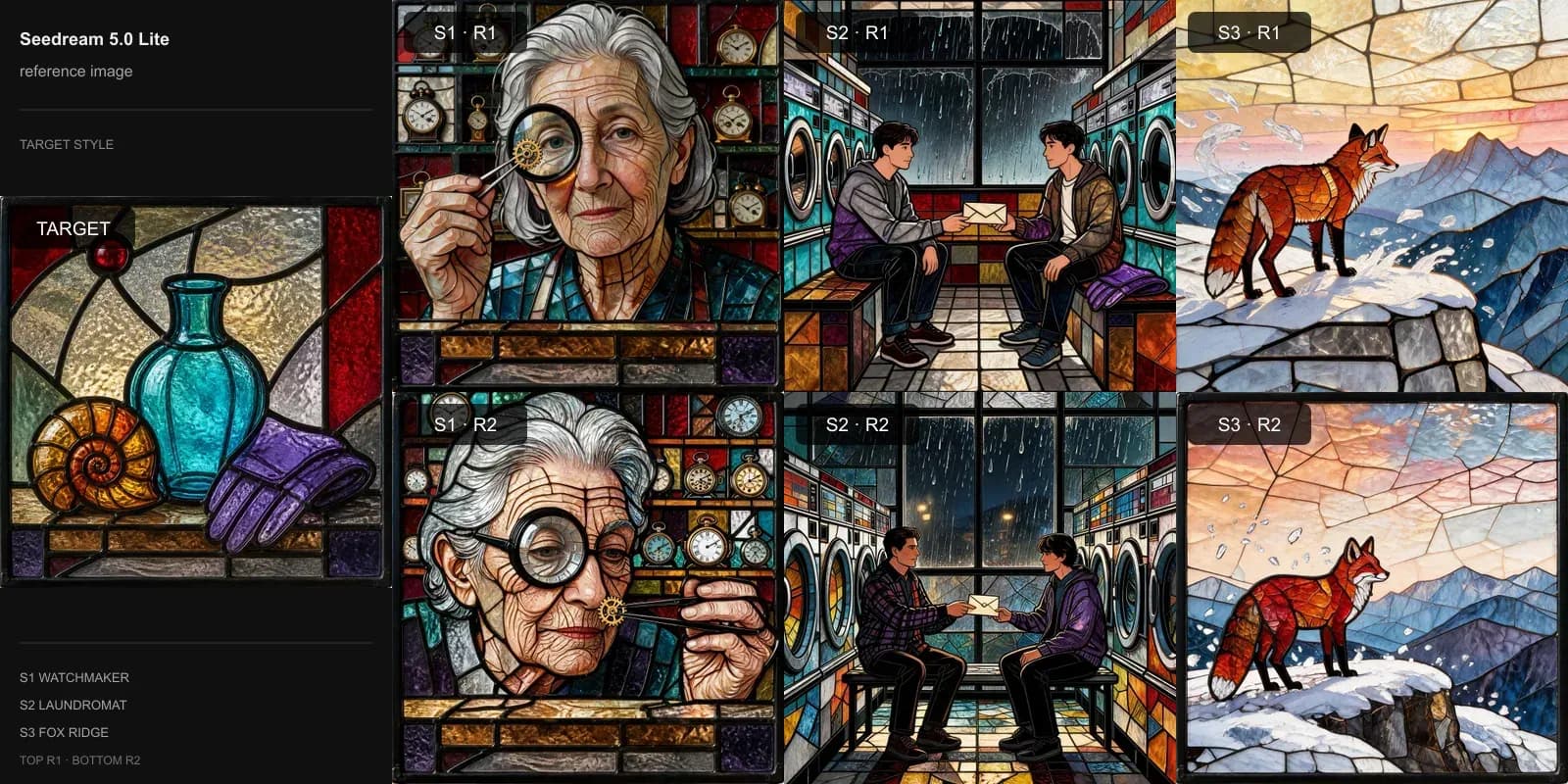 Seedream 5.0 Lite results for Reference image only on Target 5 · Leaded stained glass: the target at left and two repeats each of the watchmaker, laundromat, and fox scenes.
