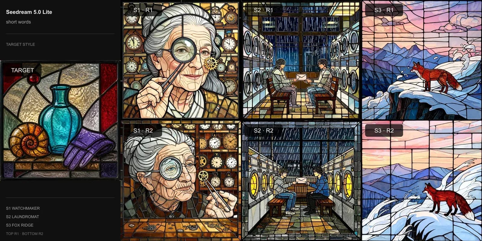 Seedream 5.0 Lite results for Short style words on Target 5 · Leaded stained glass: the target at left and two repeats each of the watchmaker, laundromat, and fox scenes.