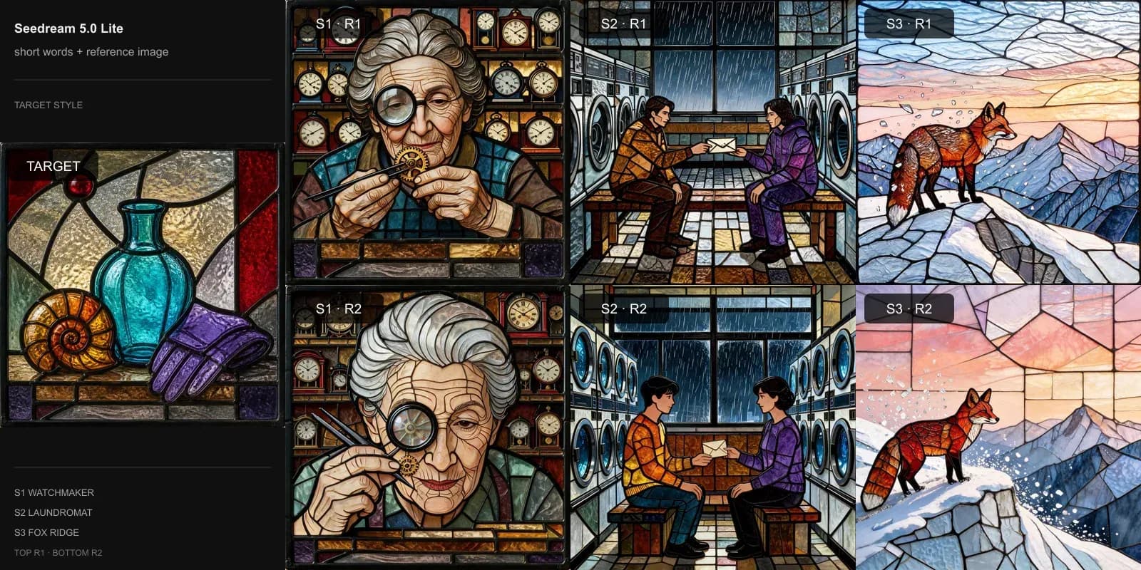Seedream 5.0 Lite results for Short words + reference image on Target 5 · Leaded stained glass: the target at left and two repeats each of the watchmaker, laundromat, and fox scenes.