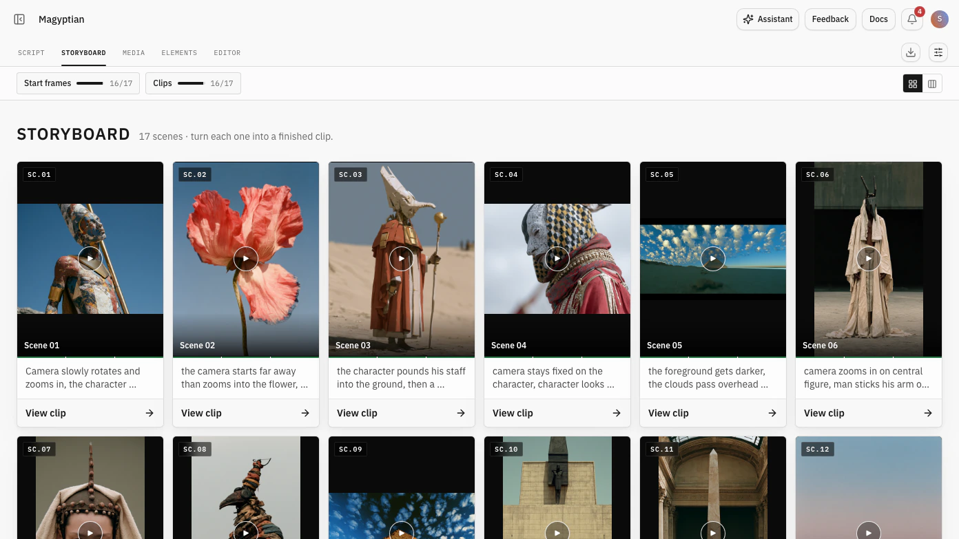 Sundream Storyboard view showing a sequence of generated scenes from the Magyptian project