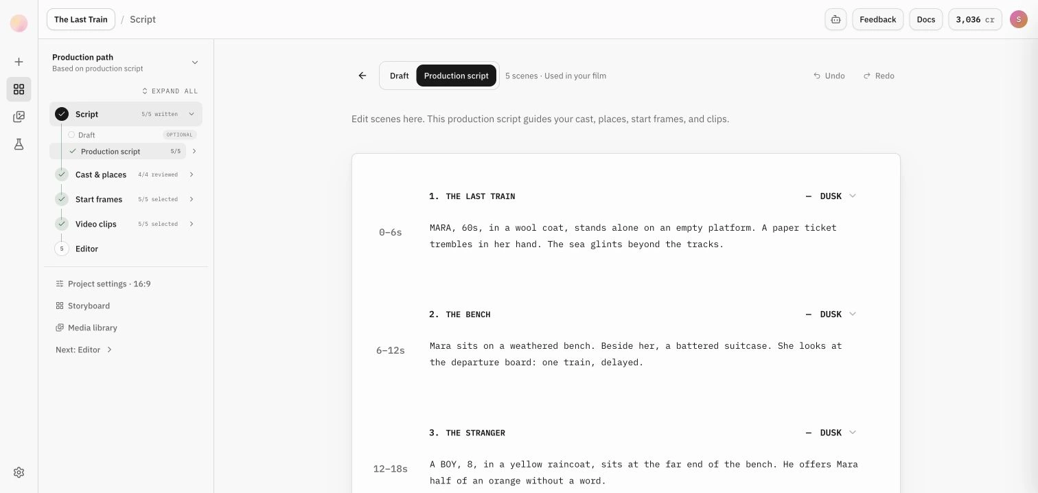 The Last Train in Sundream’s current script workspace, with Script and Shot breakdown tabs, editable scenes, timing, and the production path