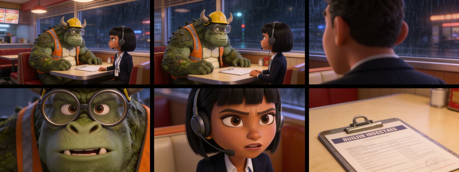 A 2×3 sheet of a two-character scene: a large friendly kaiju in a safety vest and hard hat across a diner booth from a producer with a black bob and headset, consistent across all six panels including close-ups and an insert of a failed inspection report