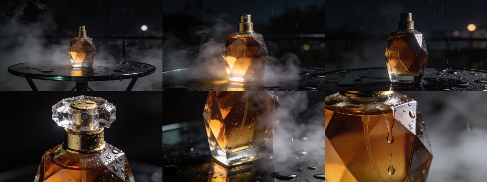 A 2×3 product sheet: an amber faceted perfume bottle on a wet black table across six angles from establishing to macro drip detail, in one consistent moody grade