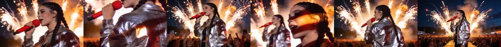 Six separate images from Seedream's sequential mode, laid side by side: all six are similar medium shots of the singer, with no true wide or insert