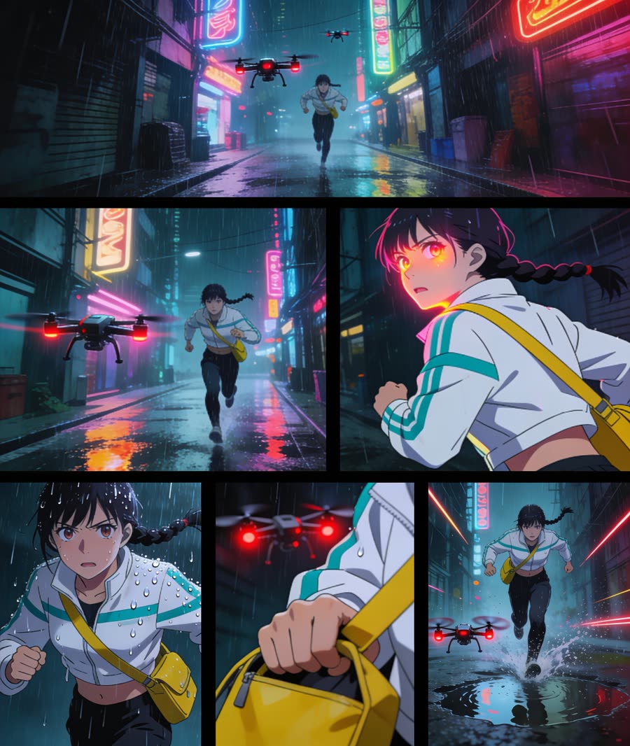 A vertical sheet where the model drew an irregular manga-style page: a full-width top panel, mixed panel sizes, and thick gutters